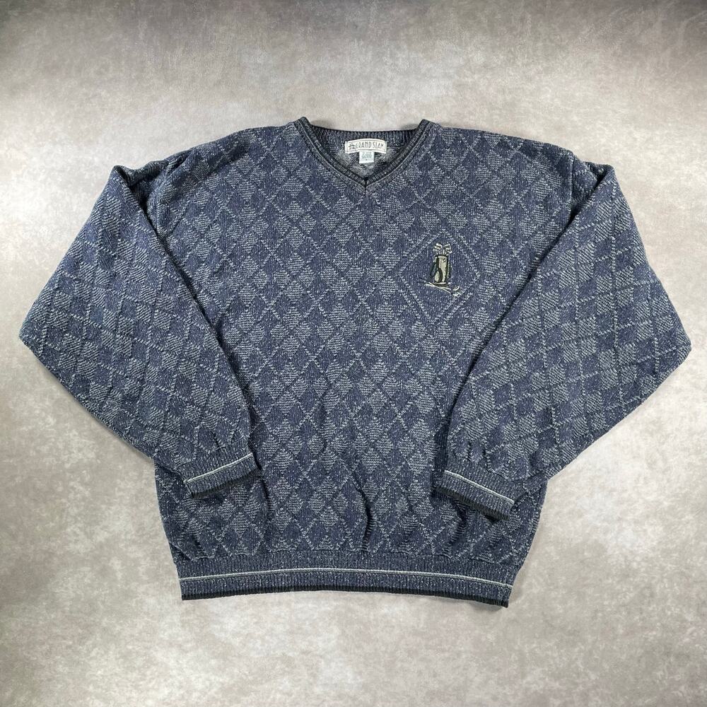 90’s Grand Slam Hand Framed Grandpa Style Golf Cozy Blue Knit Sweater
